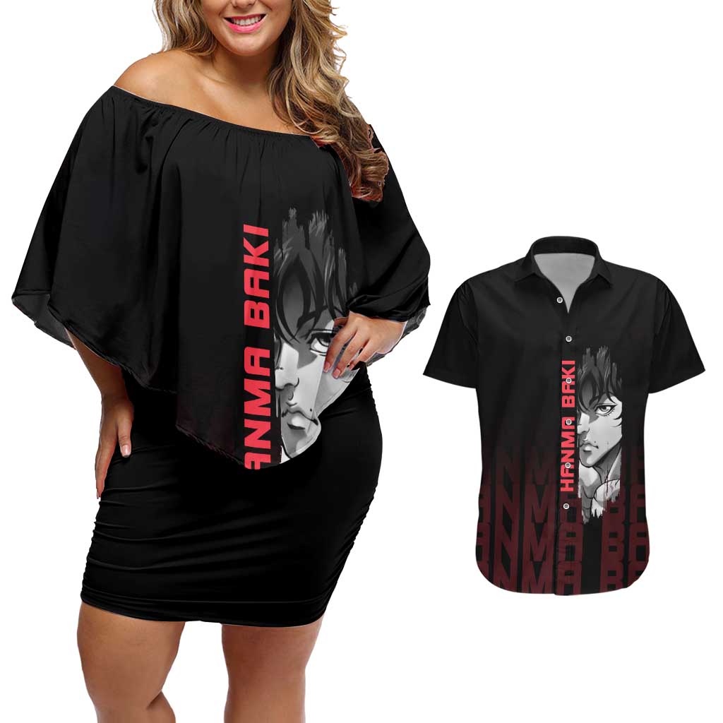 Baki Hanma The Ogre's Son Gym Theme Couples Matching Off Shoulder Short Dress and Hawaiian Shirt with Intense Anime Artwork and Muscular Back Design - The Mazicc