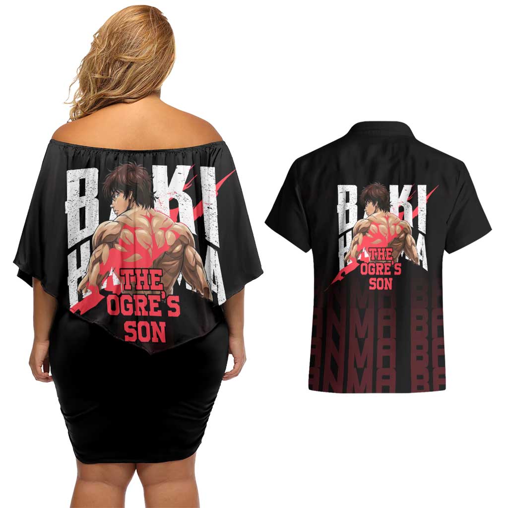 Baki Hanma The Ogre's Son Gym Theme Couples Matching Off Shoulder Short Dress and Hawaiian Shirt with Intense Anime Artwork and Muscular Back Design - The Mazicc