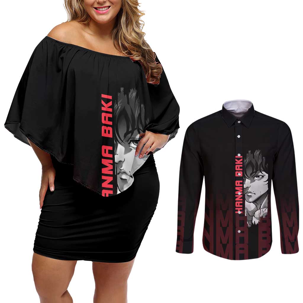 Baki Hanma The Ogre's Son Gym Theme Couples Matching Off Shoulder Short Dress and Long Sleeve Button Shirt with Intense Anime Artwork and Muscular Back Design - The Mazicc