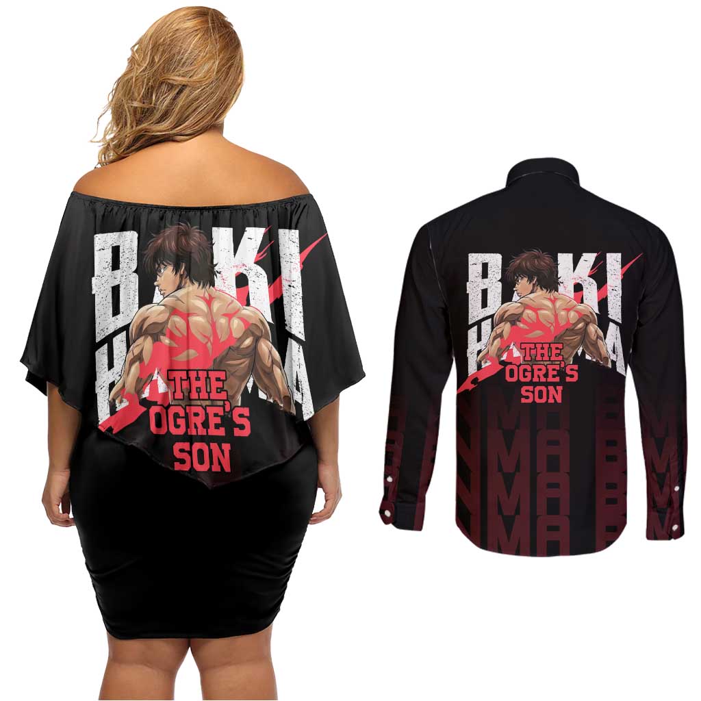 Baki Hanma The Ogre's Son Gym Theme Couples Matching Off Shoulder Short Dress and Long Sleeve Button Shirt with Intense Anime Artwork and Muscular Back Design - The Mazicc