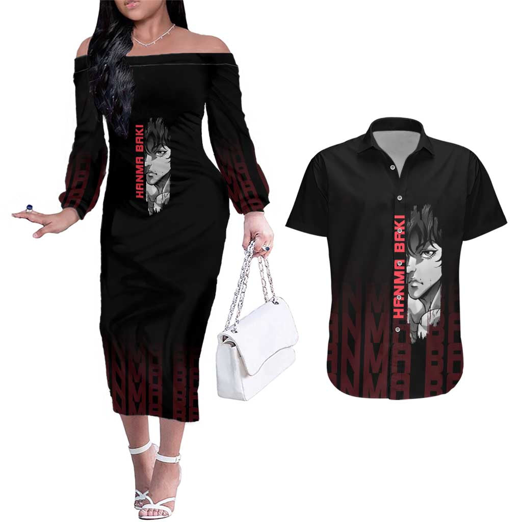 Baki Hanma The Ogre's Son Gym Theme Couples Matching Off The Shoulder Long Sleeve Dress and Hawaiian Shirt with Intense Anime Artwork and Muscular Back Design - The Mazicc