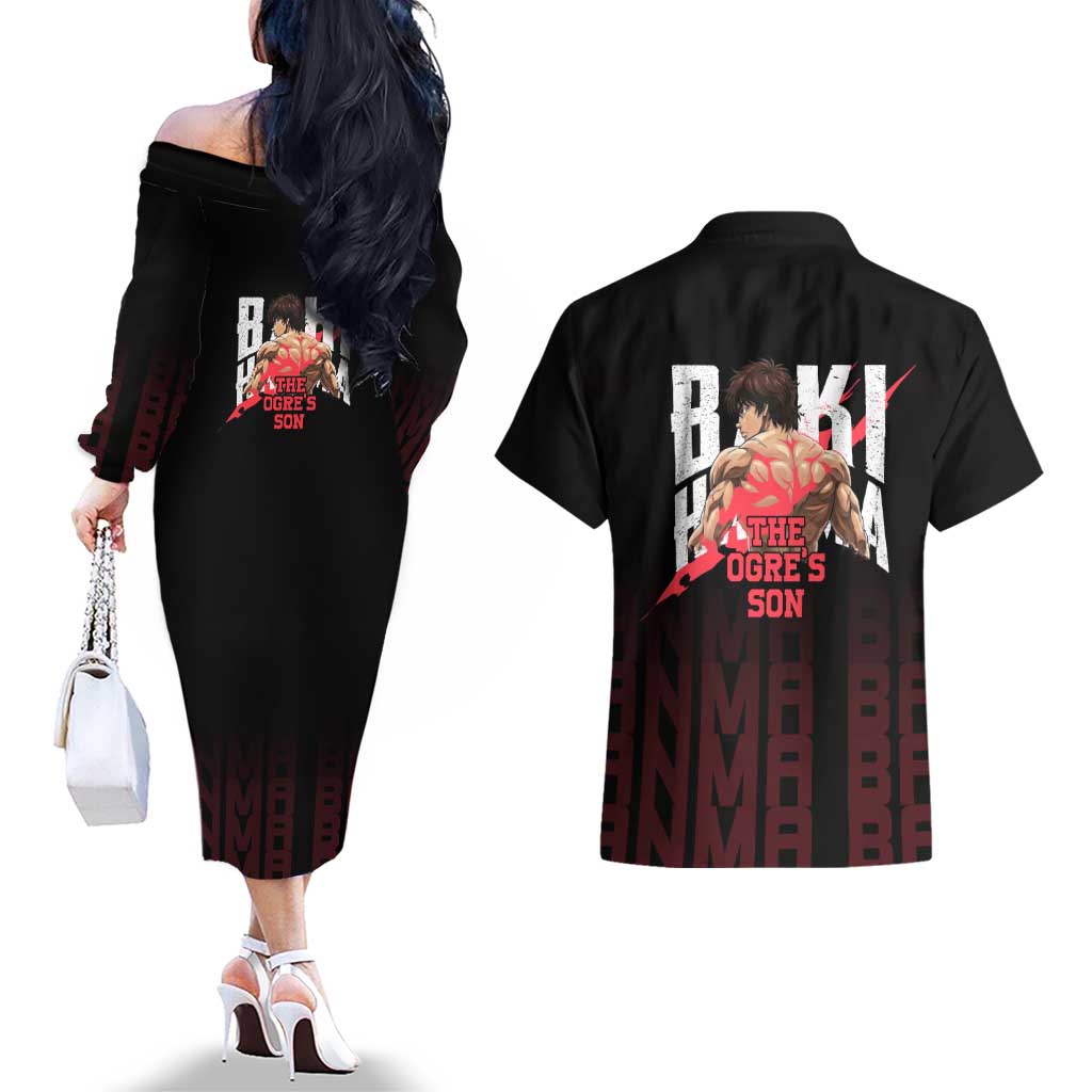 Baki Hanma The Ogre's Son Gym Theme Couples Matching Off The Shoulder Long Sleeve Dress and Hawaiian Shirt with Intense Anime Artwork and Muscular Back Design - The Mazicc
