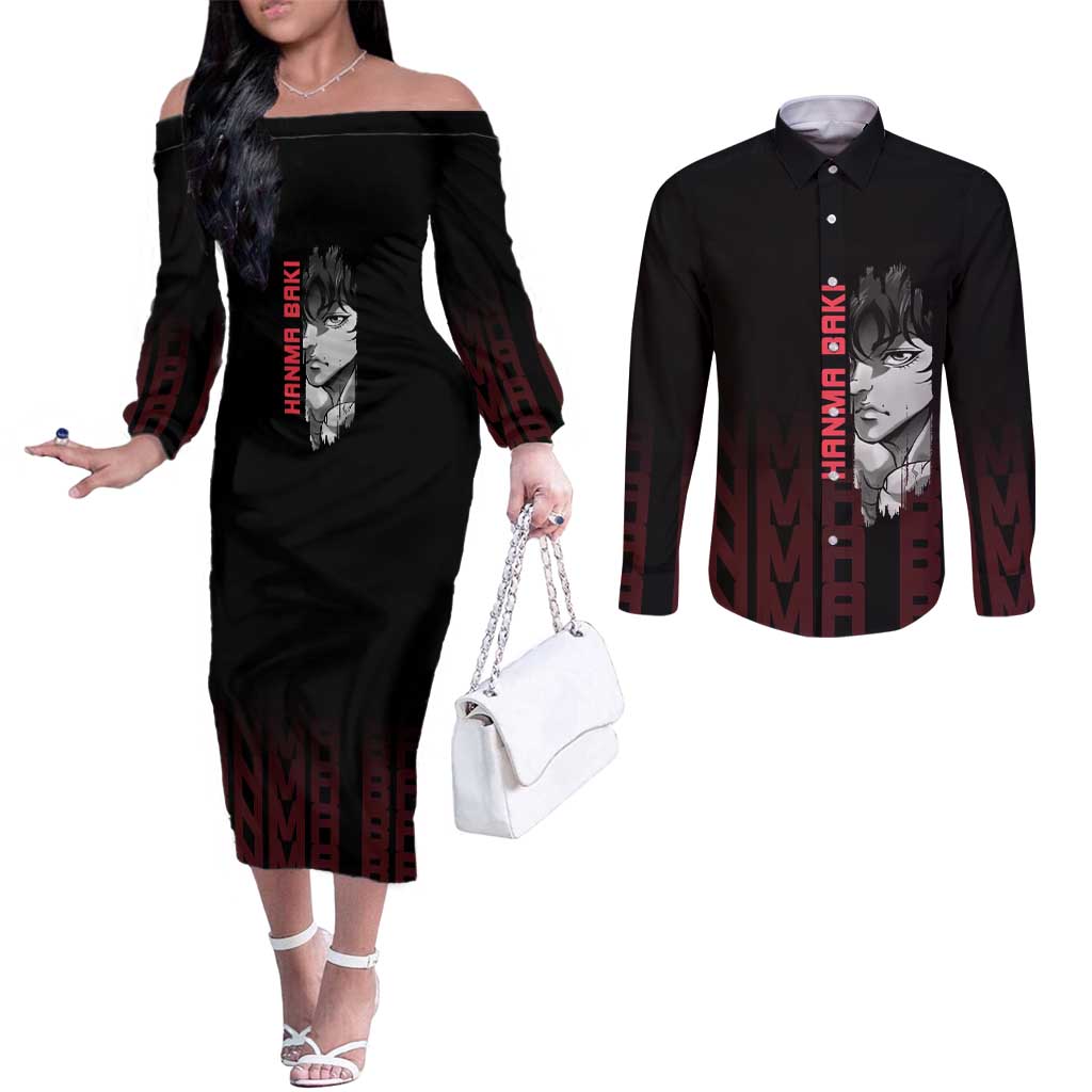 Baki Hanma The Ogre's Son Gym Theme Couples Matching Off The Shoulder Long Sleeve Dress and Long Sleeve Button Shirt with Intense Anime Artwork and Muscular Back Design - The Mazicc