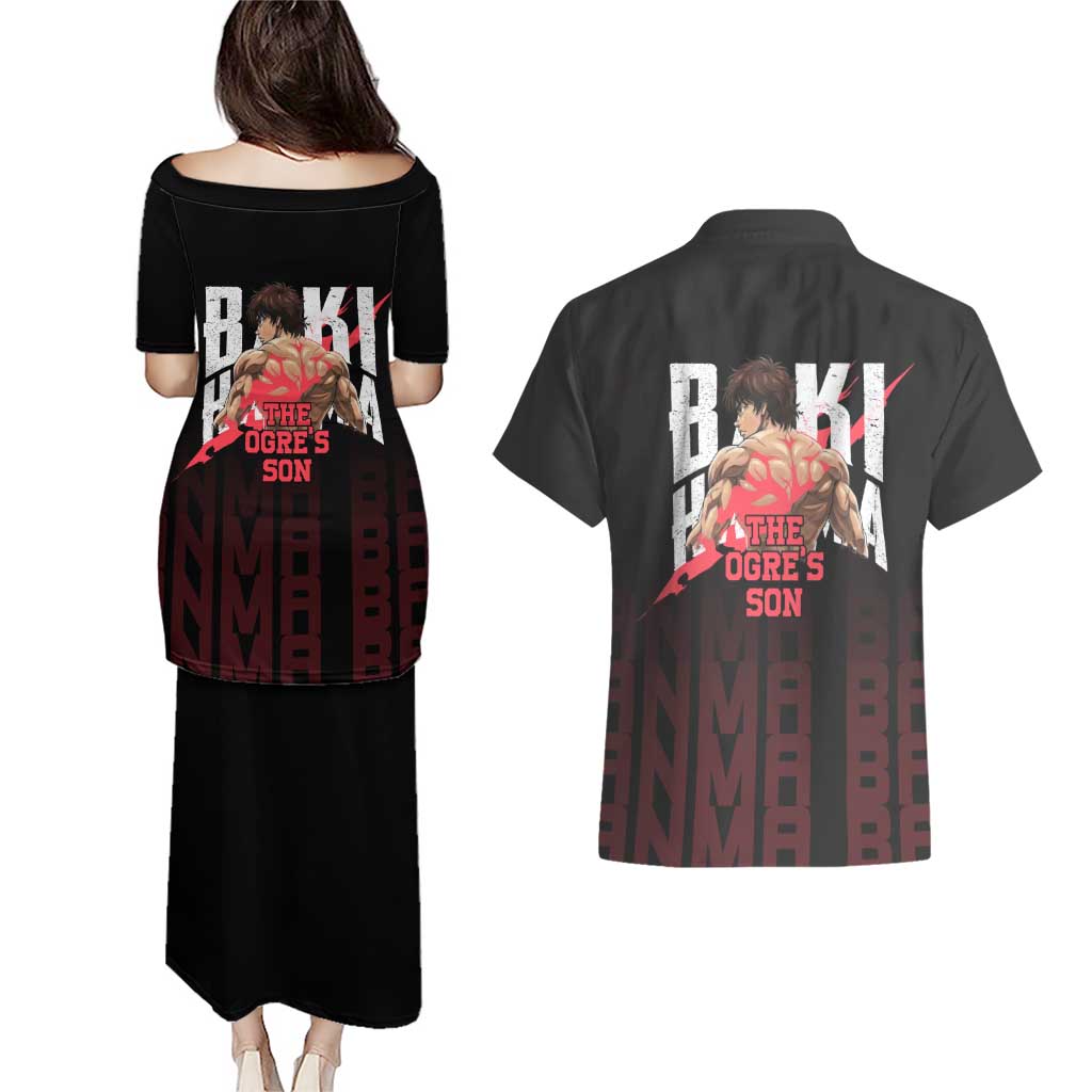 Baki Hanma The Ogre's Son Gym Theme Couples Matching Puletasi and Hawaiian Shirt with Intense Anime Artwork and Muscular Back Design - The Mazicc