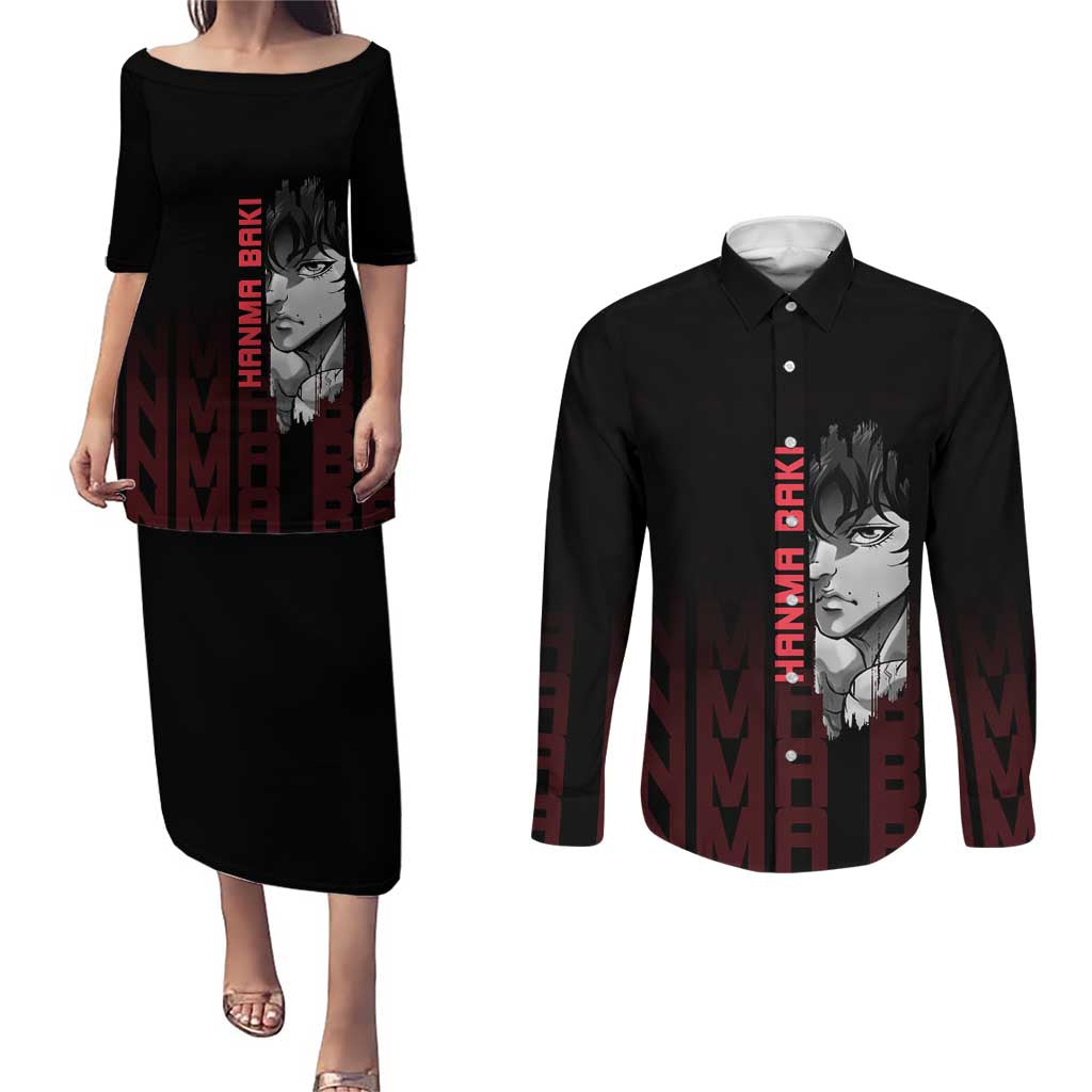 Baki Hanma The Ogre's Son Gym Theme Couples Matching Puletasi and Long Sleeve Button Shirt with Intense Anime Artwork and Muscular Back Design - The Mazicc