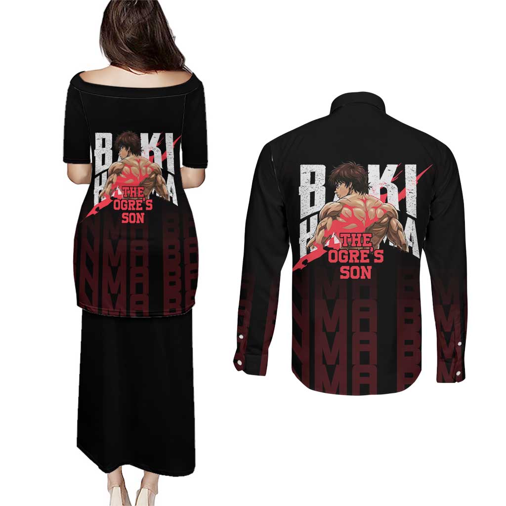 Baki Hanma The Ogre's Son Gym Theme Couples Matching Puletasi and Long Sleeve Button Shirt with Intense Anime Artwork and Muscular Back Design - The Mazicc