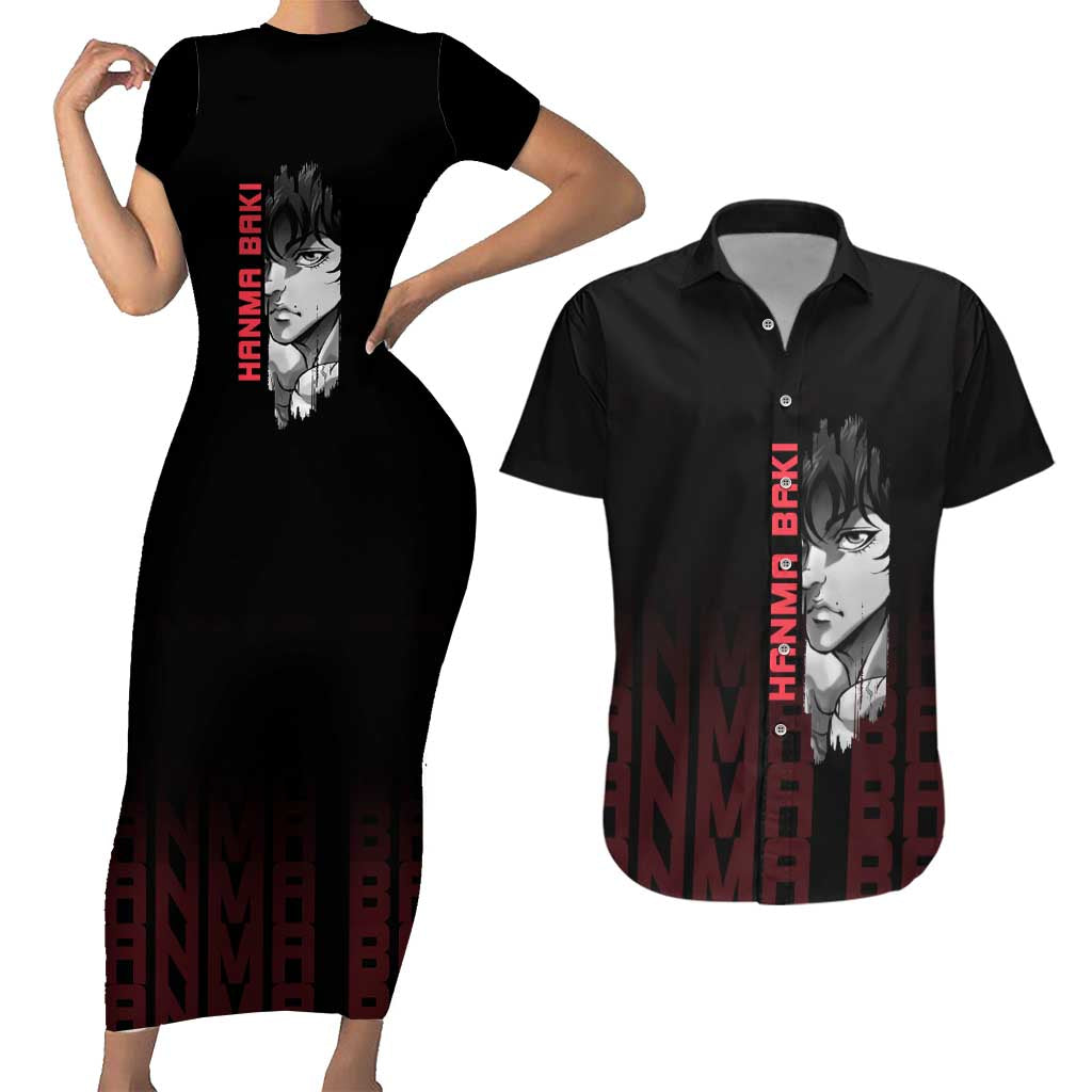 Baki Hanma The Ogre's Son Gym Theme Couples Matching Short Sleeve Bodycon Dress and Hawaiian Shirt with Intense Anime Artwork and Muscular Back Design - The Mazicc