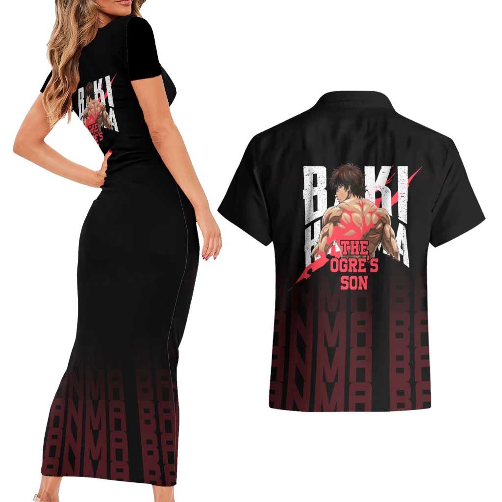 Baki Hanma The Ogre's Son Gym Theme Couples Matching Short Sleeve Bodycon Dress and Hawaiian Shirt with Intense Anime Artwork and Muscular Back Design - The Mazicc