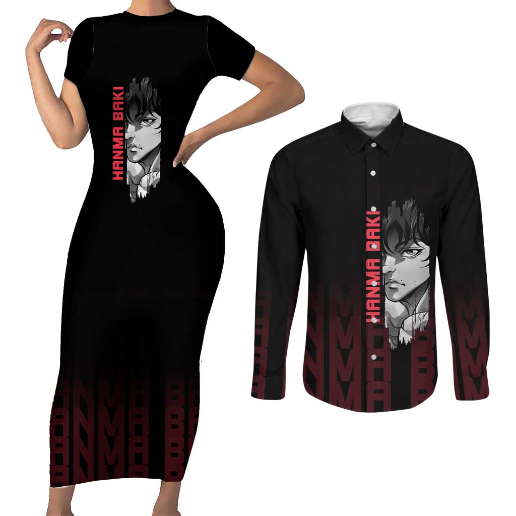 Baki Hanma The Ogre's Son Gym Theme Couples Matching Short Sleeve Bodycon Dress and Long Sleeve Button Shirt with Intense Anime Artwork and Muscular Back Design - The Mazicc