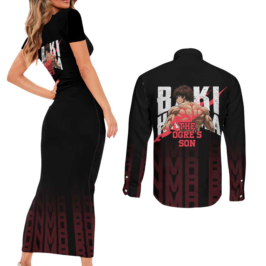 Baki Hanma The Ogre's Son Gym Theme Couples Matching Short Sleeve Bodycon Dress and Long Sleeve Button Shirt with Intense Anime Artwork and Muscular Back Design - The Mazicc