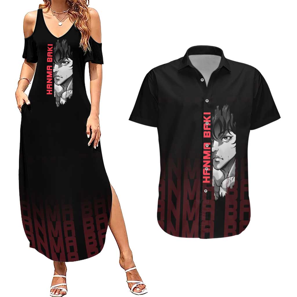Baki Hanma The Ogre's Son Gym Theme Couples Matching Summer Maxi Dress and Hawaiian Shirt with Intense Anime Artwork and Muscular Back Design - The Mazicc