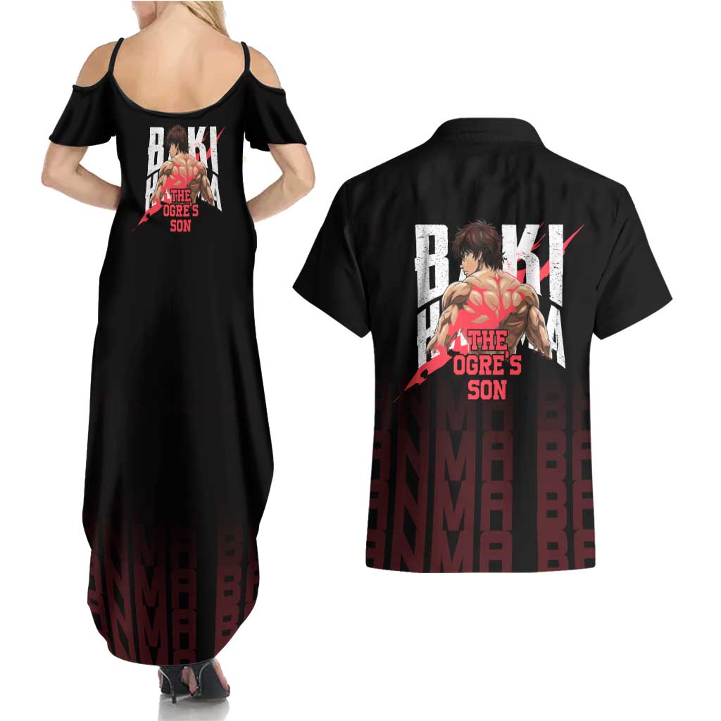 Baki Hanma The Ogre's Son Gym Theme Couples Matching Summer Maxi Dress and Hawaiian Shirt with Intense Anime Artwork and Muscular Back Design - The Mazicc