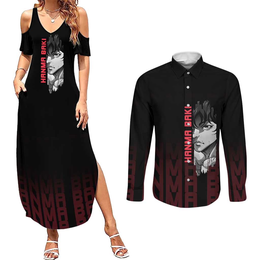 Baki Hanma The Ogre's Son Gym Theme Couples Matching Summer Maxi Dress and Long Sleeve Button Shirt with Intense Anime Artwork and Muscular Back Design - The Mazicc