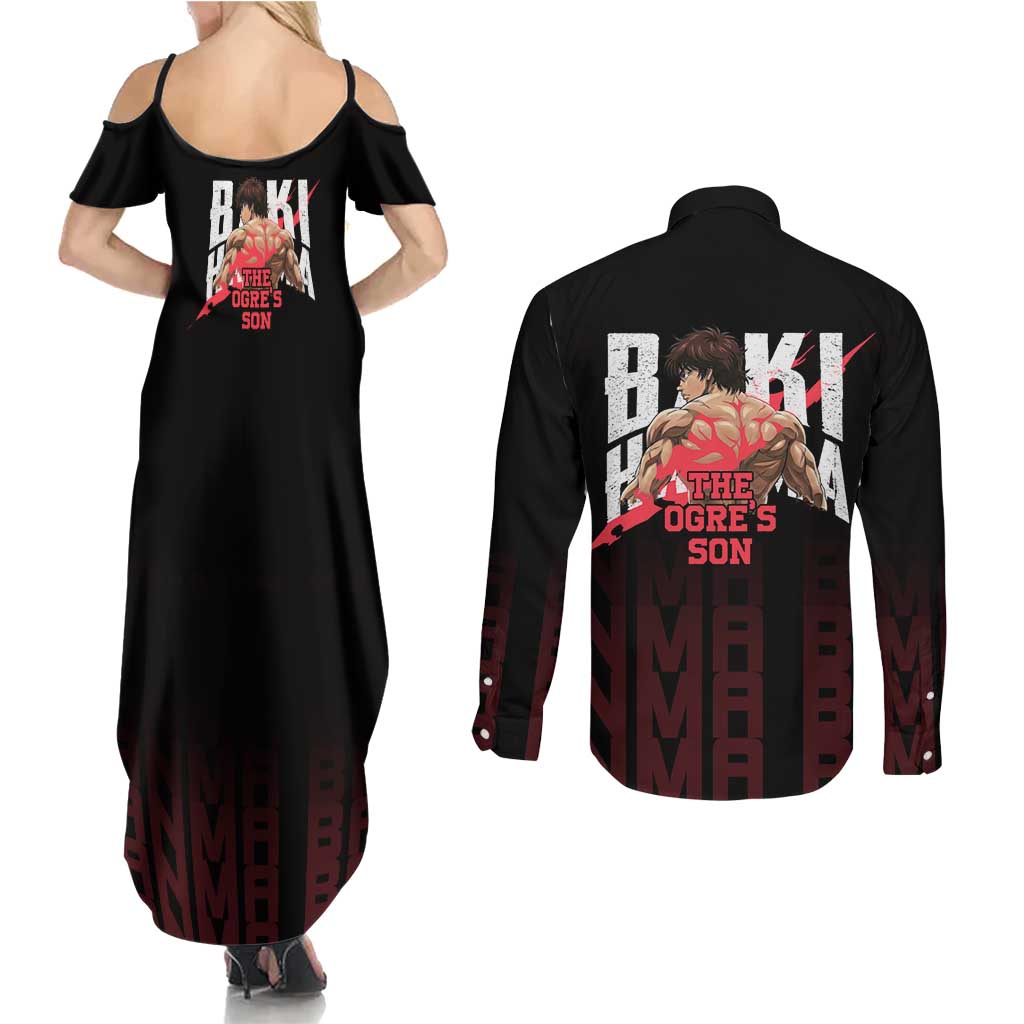 Baki Hanma The Ogre's Son Gym Theme Couples Matching Summer Maxi Dress and Long Sleeve Button Shirt with Intense Anime Artwork and Muscular Back Design - The Mazicc