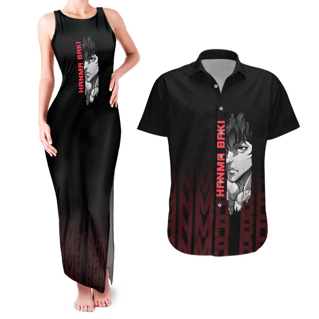 Baki Hanma The Ogre's Son Gym Theme Couples Matching Tank Maxi Dress and Hawaiian Shirt with Intense Anime Artwork and Muscular Back Design - The Mazicc
