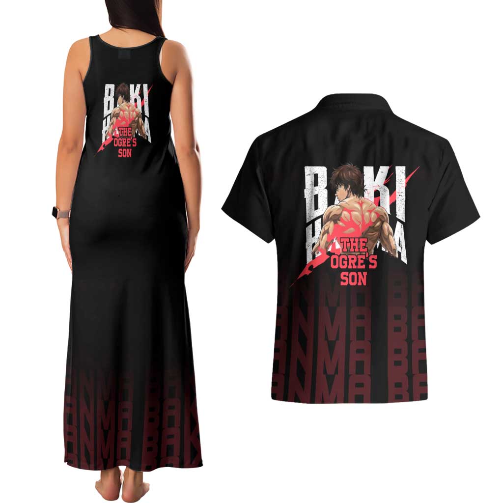 Baki Hanma The Ogre's Son Gym Theme Couples Matching Tank Maxi Dress and Hawaiian Shirt with Intense Anime Artwork and Muscular Back Design - The Mazicc