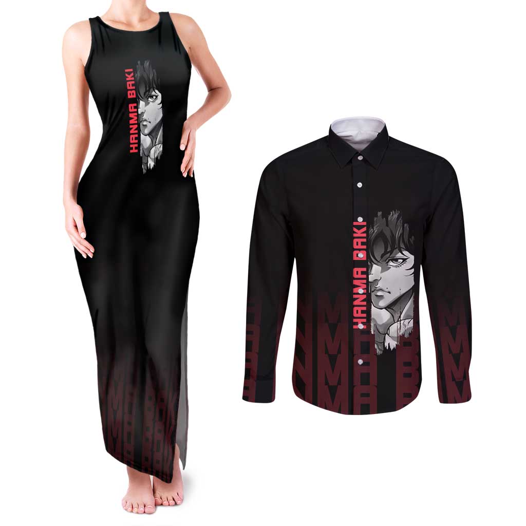 Baki Hanma The Ogre's Son Gym Theme Couples Matching Tank Maxi Dress and Long Sleeve Button Shirt with Intense Anime Artwork and Muscular Back Design - The Mazicc