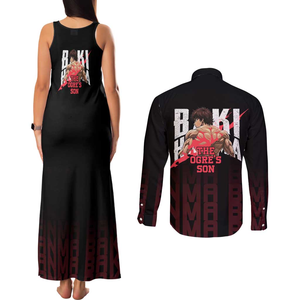 Baki Hanma The Ogre's Son Gym Theme Couples Matching Tank Maxi Dress and Long Sleeve Button Shirt with Intense Anime Artwork and Muscular Back Design - The Mazicc