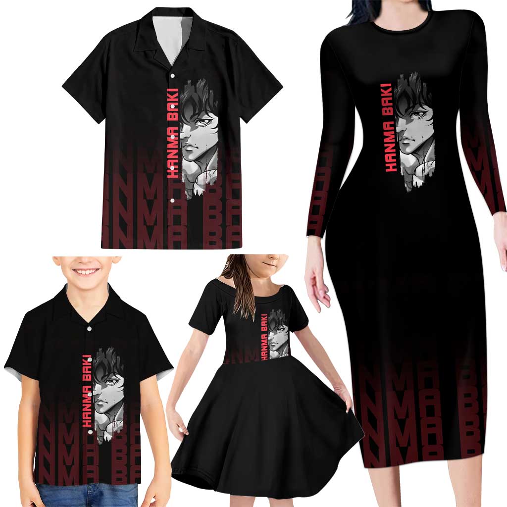 Baki Hanma The Ogre's Son Gym Theme Family Matching Long Sleeve Bodycon Dress and Hawaiian Shirt with Intense Anime Artwork and Muscular Back Design