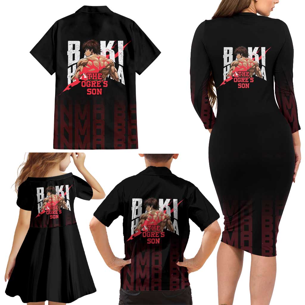 Baki Hanma The Ogre's Son Gym Theme Family Matching Long Sleeve Bodycon Dress and Hawaiian Shirt with Intense Anime Artwork and Muscular Back Design