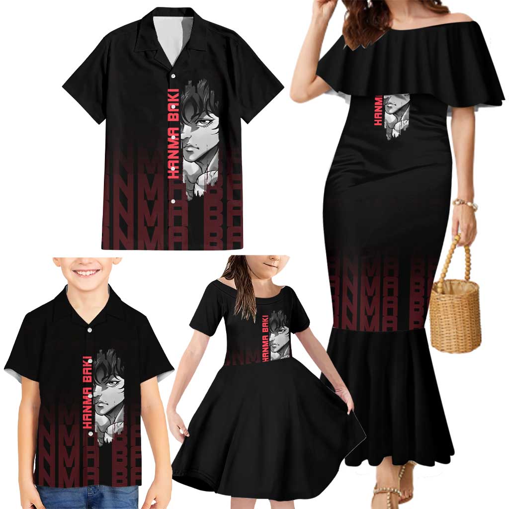 Baki Hanma The Ogre's Son Gym Theme Family Matching Mermaid Dress and Hawaiian Shirt with Intense Anime Artwork and Muscular Back Design