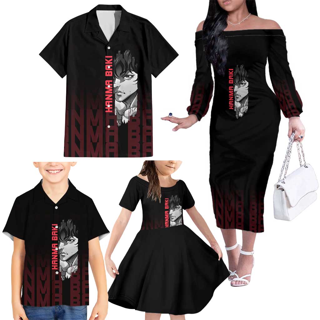 Baki Hanma The Ogre's Son Gym Theme Family Matching Off The Shoulder Long Sleeve Dress and Hawaiian Shirt with Intense Anime Artwork and Muscular Back Design