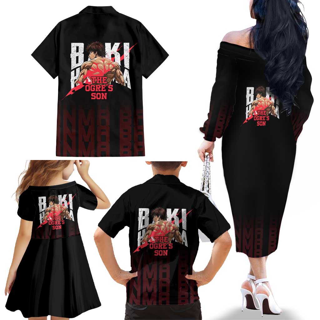 Baki Hanma The Ogre's Son Gym Theme Family Matching Off The Shoulder Long Sleeve Dress and Hawaiian Shirt with Intense Anime Artwork and Muscular Back Design