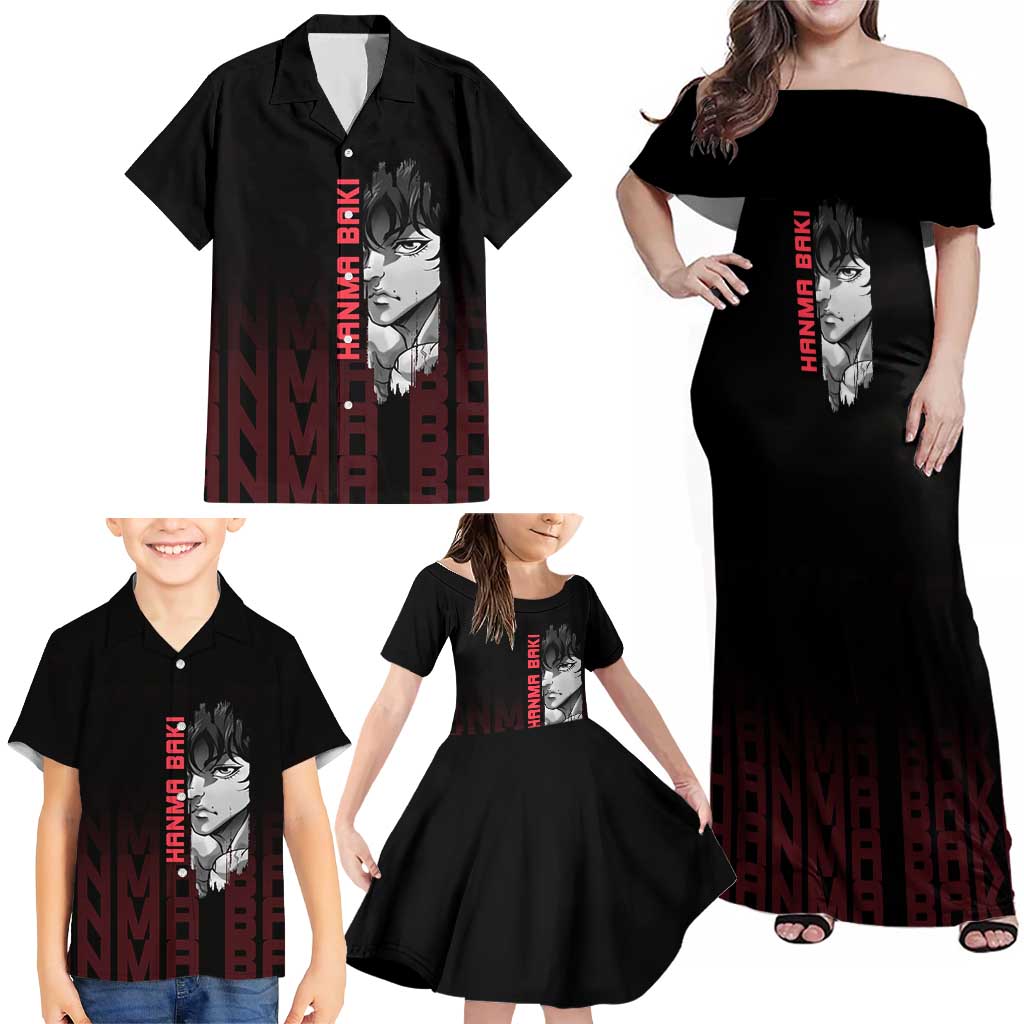 Baki Hanma The Ogre's Son Gym Theme Family Matching Off Shoulder Maxi Dress and Hawaiian Shirt with Intense Anime Artwork and Muscular Back Design