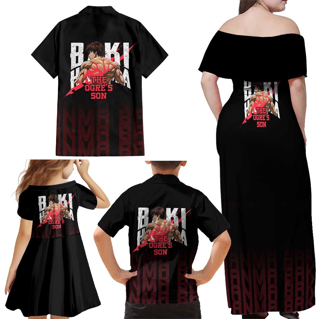 Baki Hanma The Ogre's Son Gym Theme Family Matching Off Shoulder Maxi Dress and Hawaiian Shirt with Intense Anime Artwork and Muscular Back Design