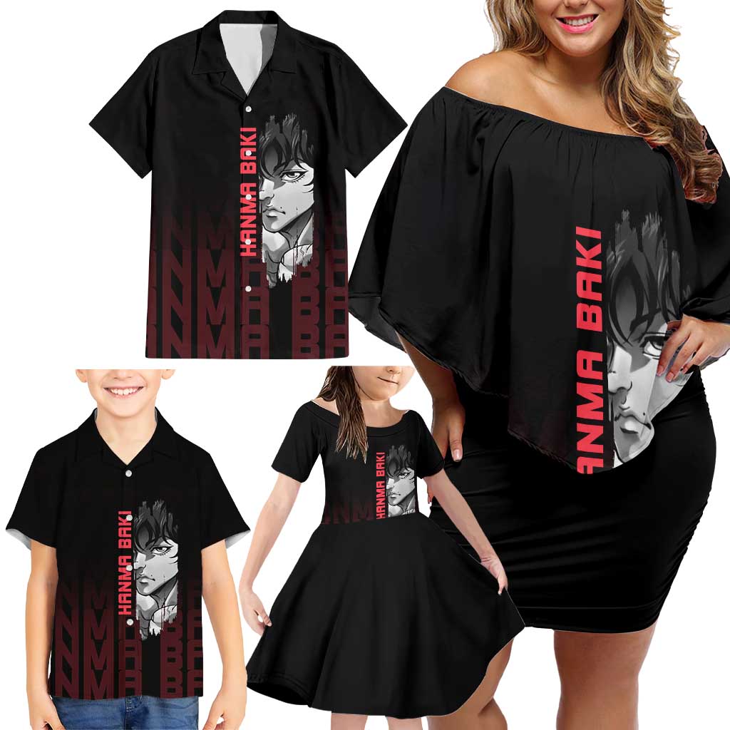 Baki Hanma The Ogre's Son Gym Theme Family Matching Off Shoulder Short Dress and Hawaiian Shirt with Intense Anime Artwork and Muscular Back Design