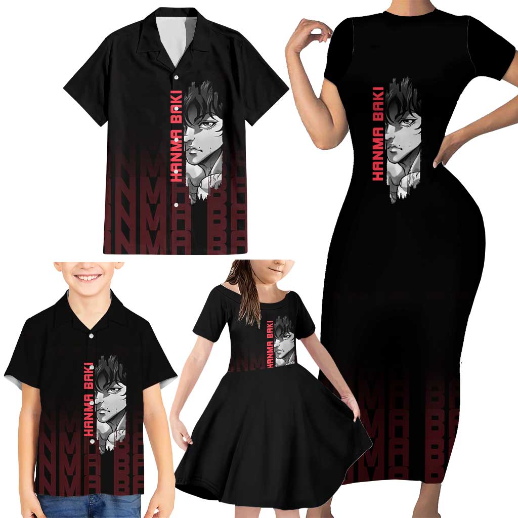 Baki Hanma The Ogre's Son Gym Theme Family Matching Short Sleeve Bodycon Dress and Hawaiian Shirt with Intense Anime Artwork and Muscular Back Design