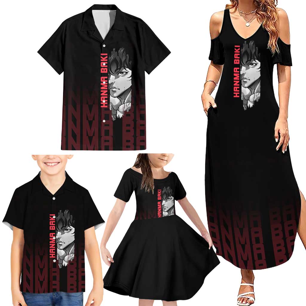 Baki Hanma The Ogre's Son Gym Theme Family Matching Summer Maxi Dress and Hawaiian Shirt with Intense Anime Artwork and Muscular Back Design