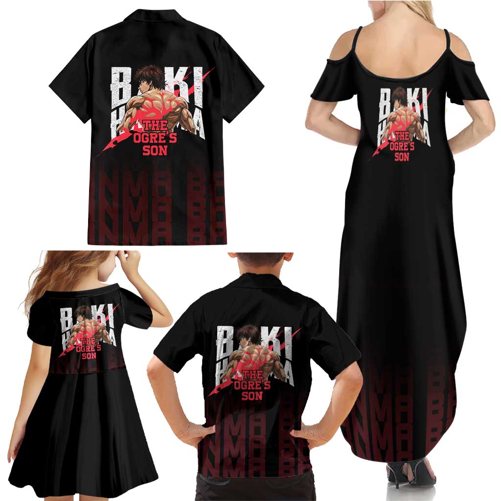 Baki Hanma The Ogre's Son Gym Theme Family Matching Summer Maxi Dress and Hawaiian Shirt with Intense Anime Artwork and Muscular Back Design