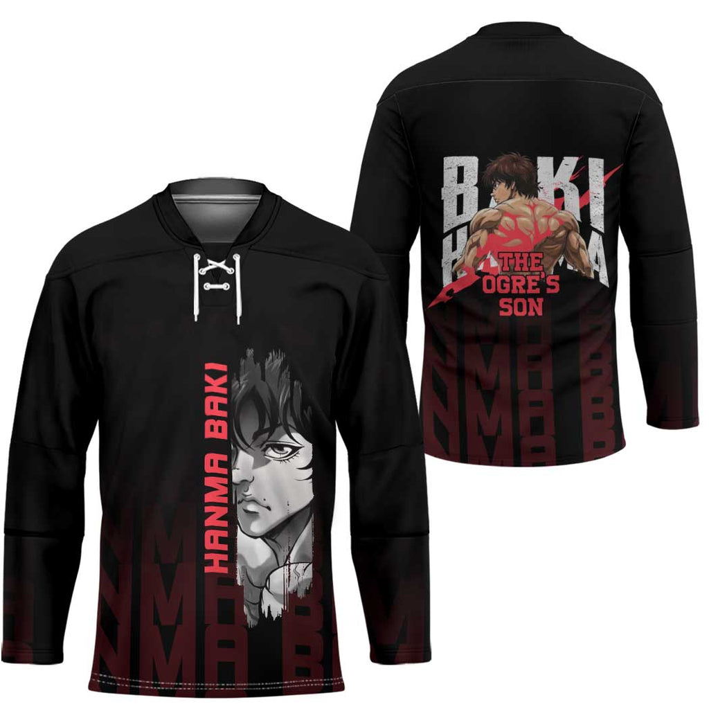 Baki Hanma The Ogre's Son Gym Theme Hockey Jersey with Intense Anime Artwork and Muscular Back Design - The Mazicc