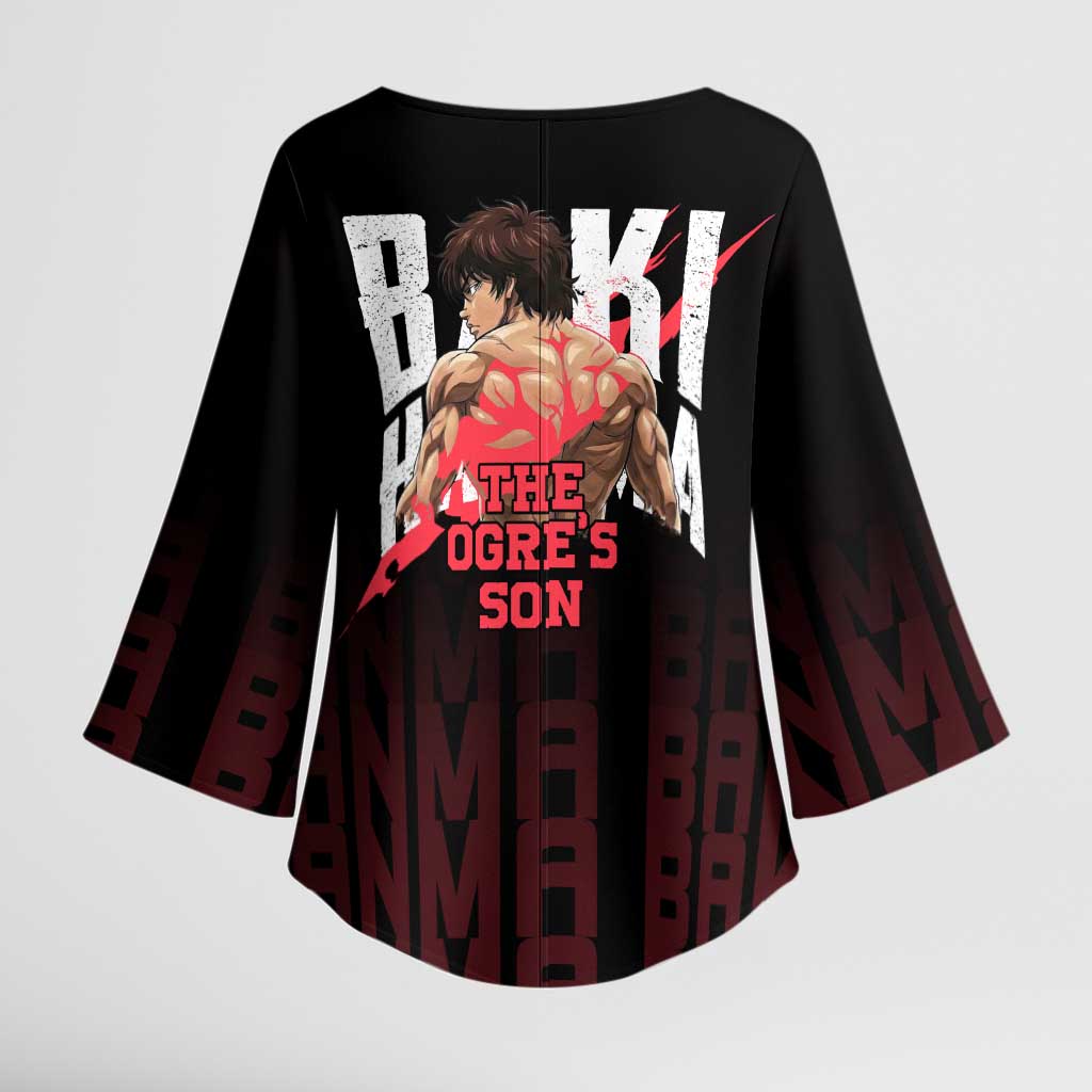 Baki Hanma The Ogre's Son Gym Theme Kimono Sleeve Blouse with Intense Anime Artwork and Muscular Back Design - The Mazicc