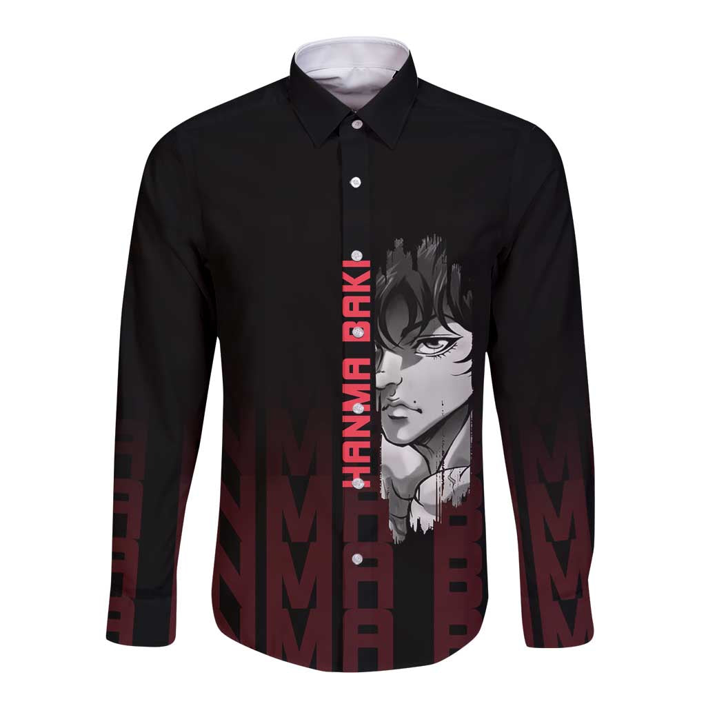 Baki Hanma The Ogre's Son Gym Theme Long Sleeve Button Shirt with Intense Anime Artwork and Muscular Back Design - The Mazicc