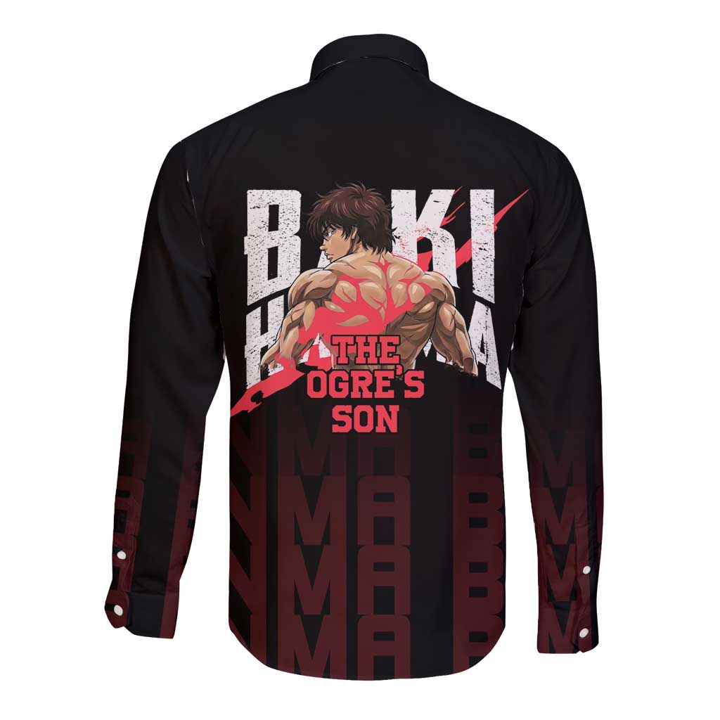 Baki Hanma The Ogre's Son Gym Theme Long Sleeve Button Shirt with Intense Anime Artwork and Muscular Back Design - The Mazicc