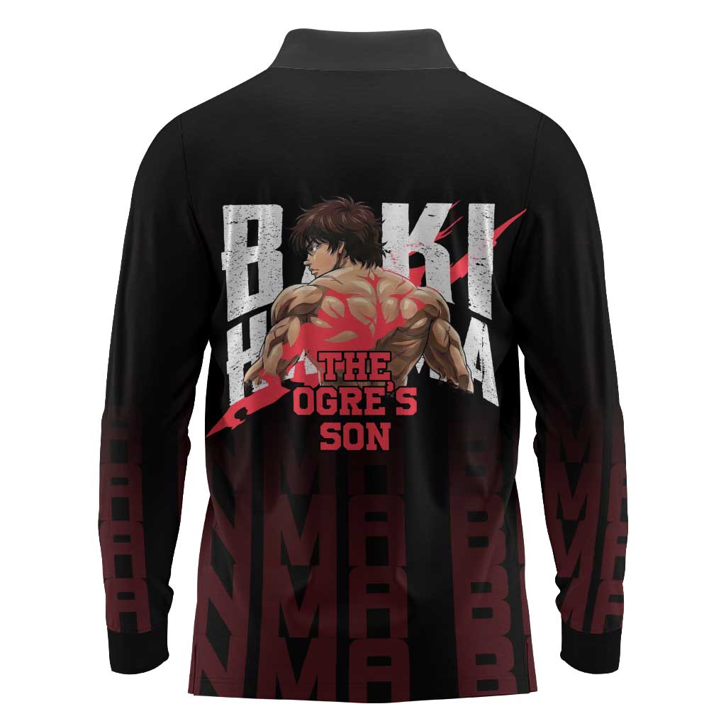 Baki Hanma The Ogre's Son Gym Theme Long Sleeve Polo Shirt with Intense Anime Artwork and Muscular Back Design - The Mazicc