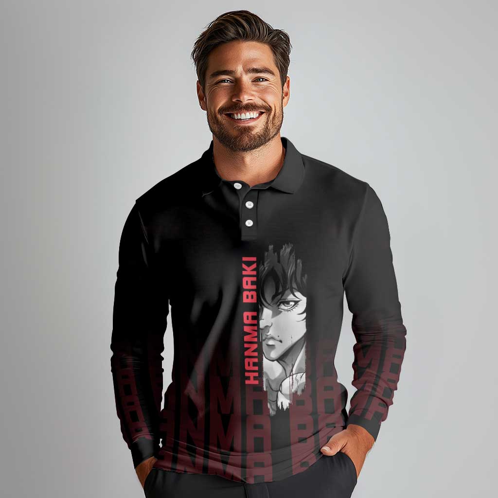 Baki Hanma The Ogre's Son Gym Theme Long Sleeve Polo Shirt with Intense Anime Artwork and Muscular Back Design - The Mazicc