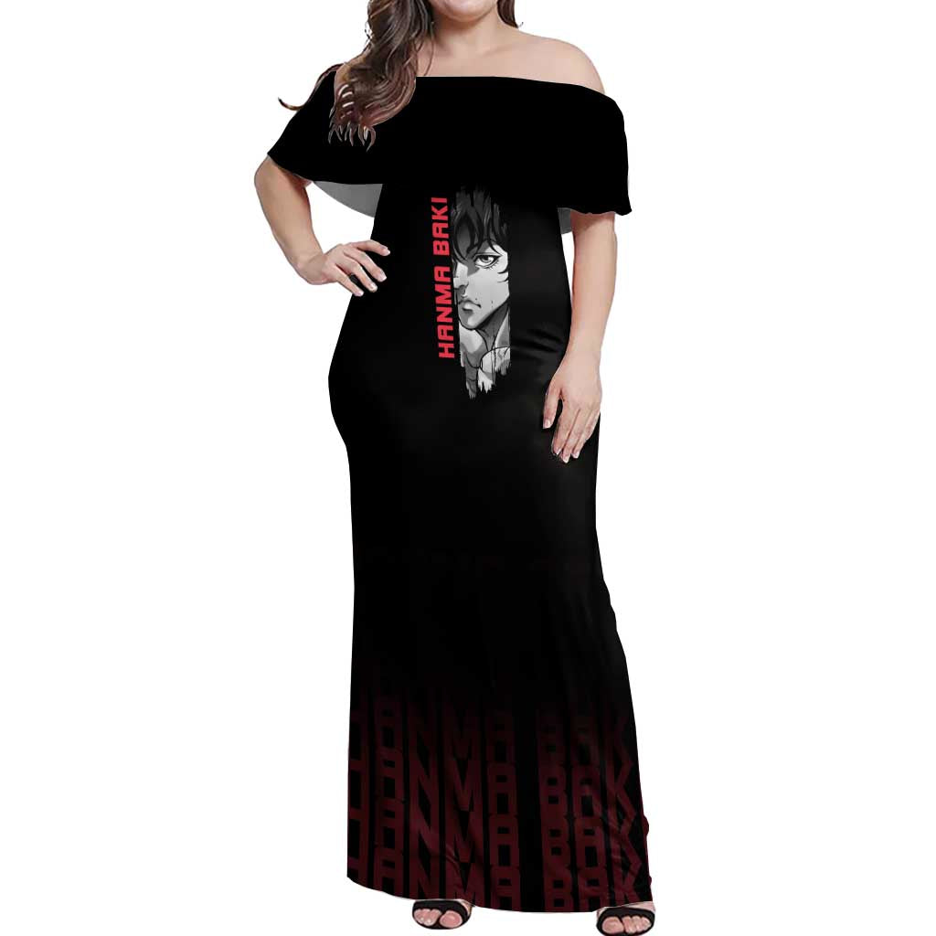 Baki Hanma The Ogre's Son Gym Theme Off Shoulder Maxi Dress with Intense Anime Artwork and Muscular Back Design - The Mazicc