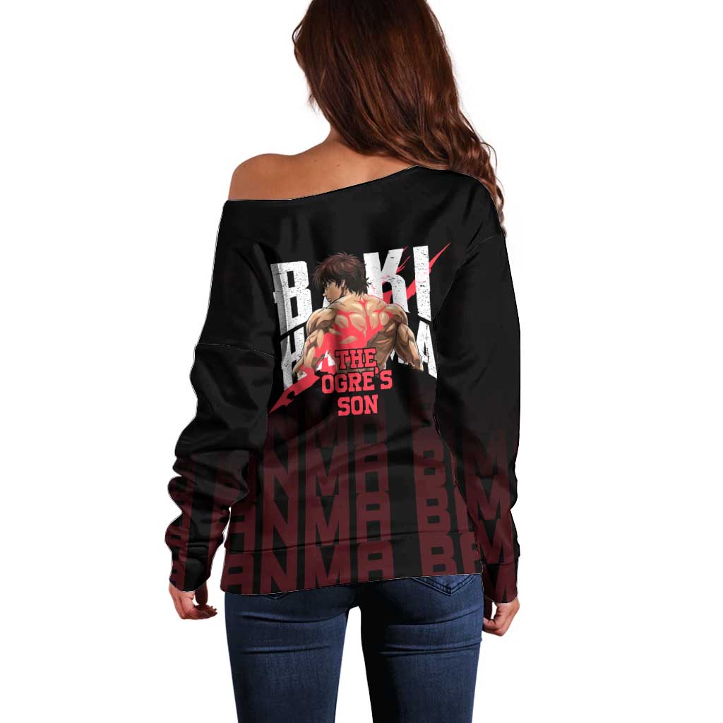 Baki Hanma The Ogre's Son Gym Theme Off Shoulder Sweater with Intense Anime Artwork and Muscular Back Design - The Mazicc