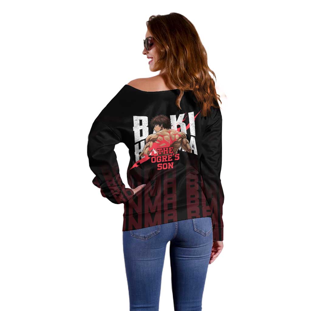 Baki Hanma The Ogre's Son Gym Theme Off Shoulder Sweater with Intense Anime Artwork and Muscular Back Design - The Mazicc