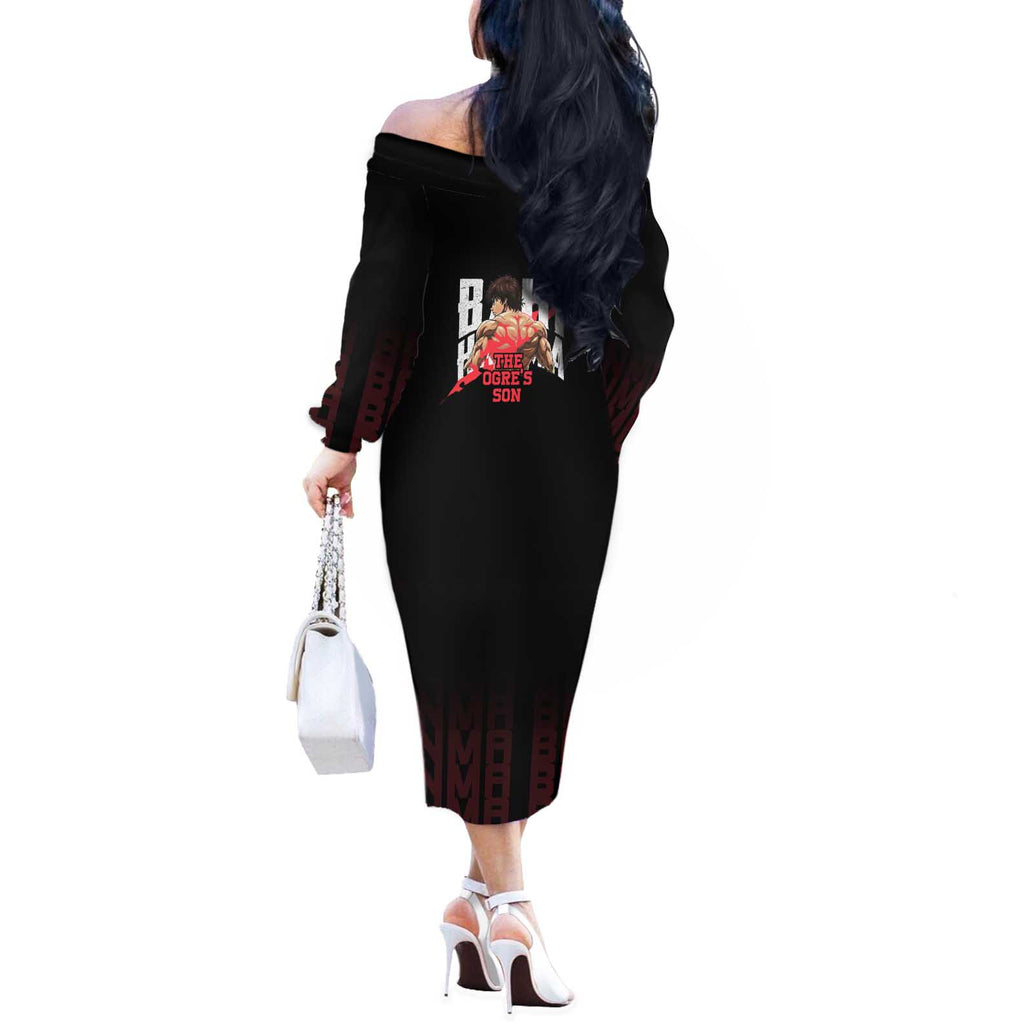 Baki Hanma The Ogre's Son Gym Theme Off The Shoulder Long Sleeve Dress with Intense Anime Artwork and Muscular Back Design - The Mazicc