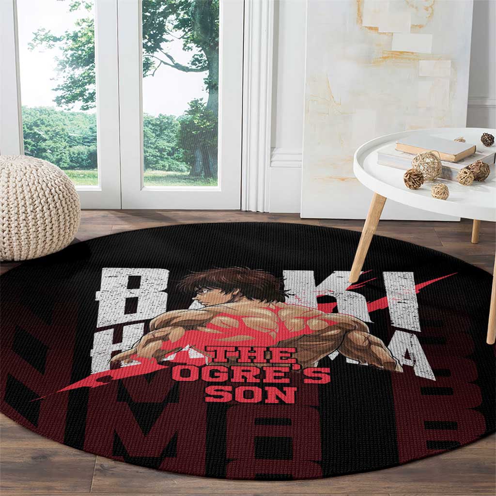 Baki Hanma The Ogre's Son Gym Theme Round Carpet with Intense Anime Artwork and Muscular Back Design - The Mazicc
