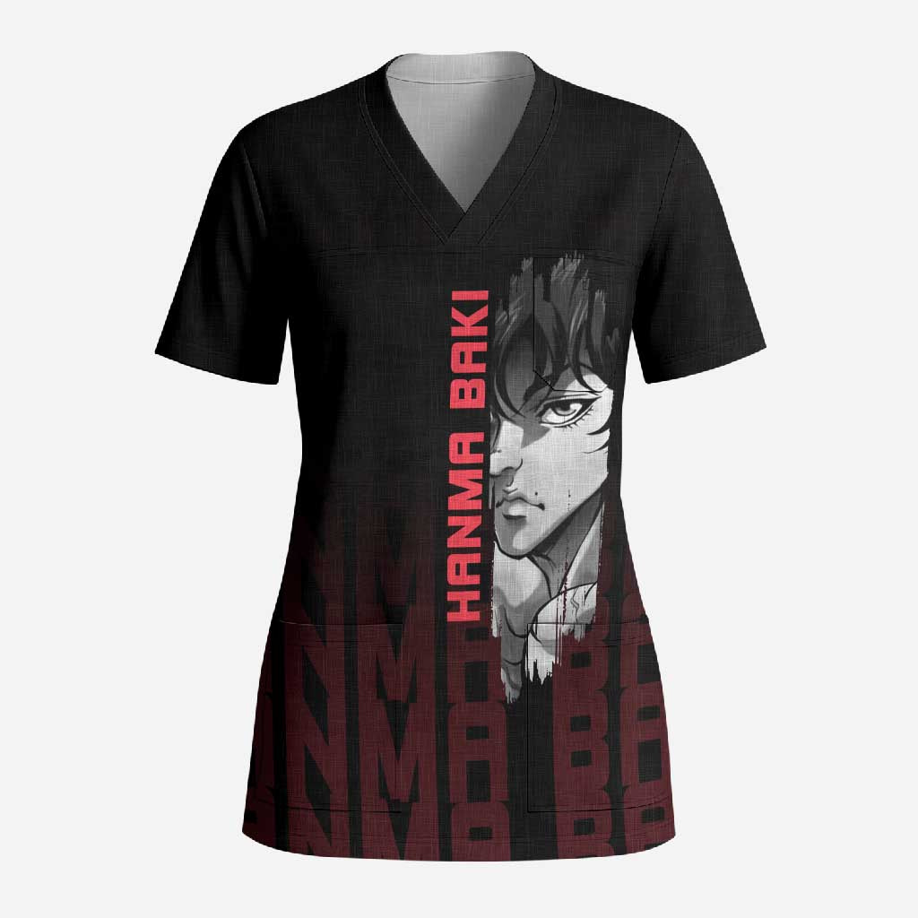 Baki Hanma The Ogre's Son Gym Theme Scrub Top with Intense Anime Artwork and Muscular Back Design - The Mazicc