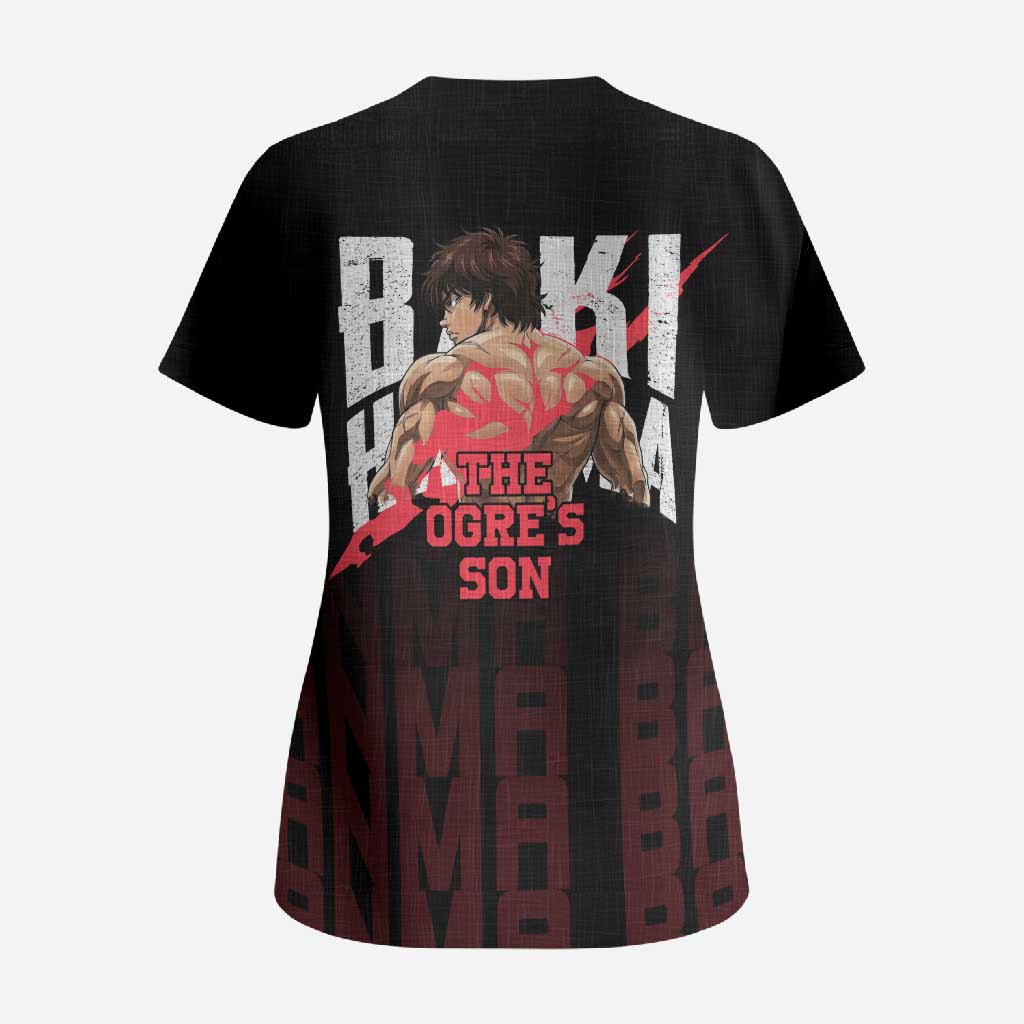 Baki Hanma The Ogre's Son Gym Theme Scrub Top with Intense Anime Artwork and Muscular Back Design - The Mazicc