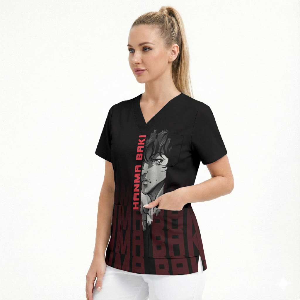 Baki Hanma The Ogre's Son Gym Theme Scrub Top with Intense Anime Artwork and Muscular Back Design - The Mazicc