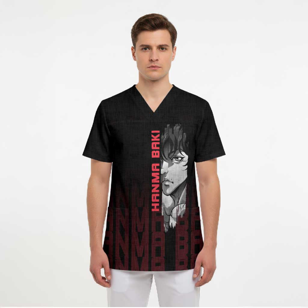 Baki Hanma The Ogre's Son Gym Theme Scrub Top with Intense Anime Artwork and Muscular Back Design - The Mazicc