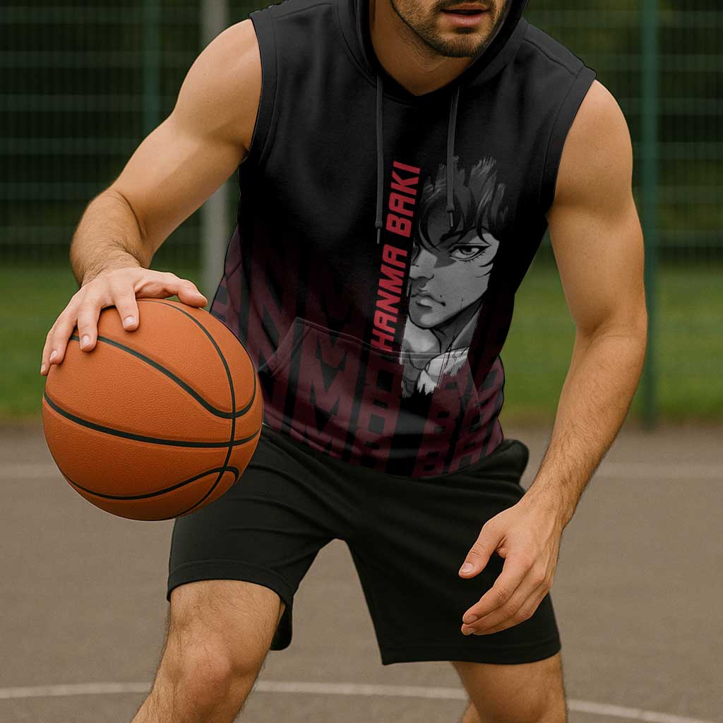 Baki Hanma The Ogre's Son Gym Theme Sleeveless Hoodie with Intense Anime Artwork and Muscular Back Design - The Mazicc