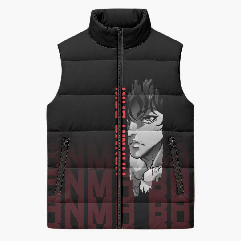 Baki Hanma The Ogre's Son Gym Theme Sleeveless Puffer Jacket with Intense Anime Artwork and Muscular Back Design - The Mazicc